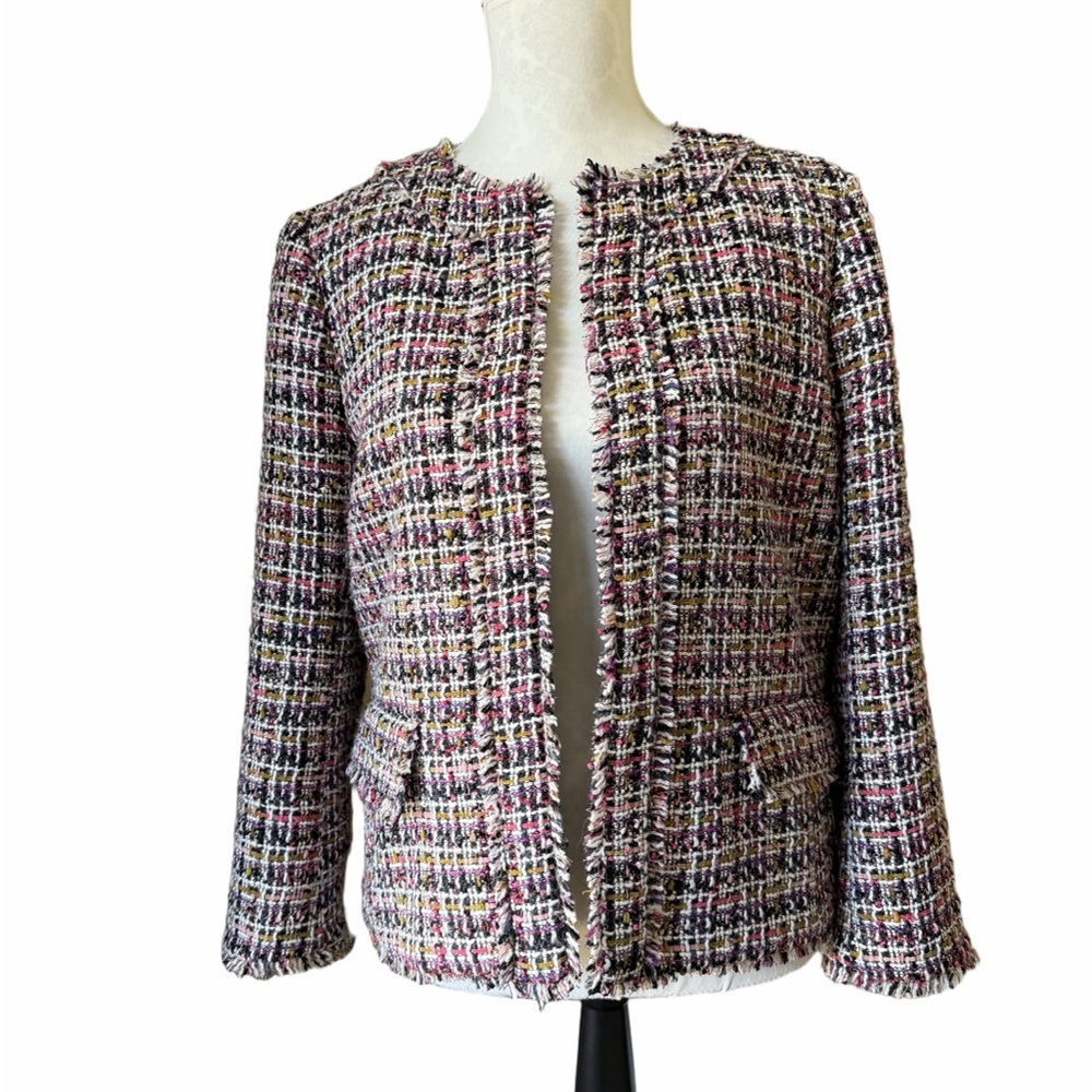 Talbots Tweed Blazer Jacket | Multicolor Fringe Trim Classic Career | Petite 12